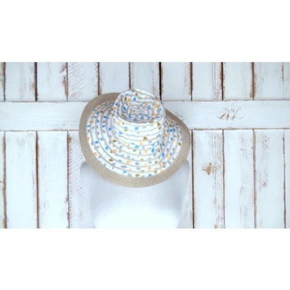 Vintage white cotton straw woven leaf print floppy sun hat - Picture 1 of 5